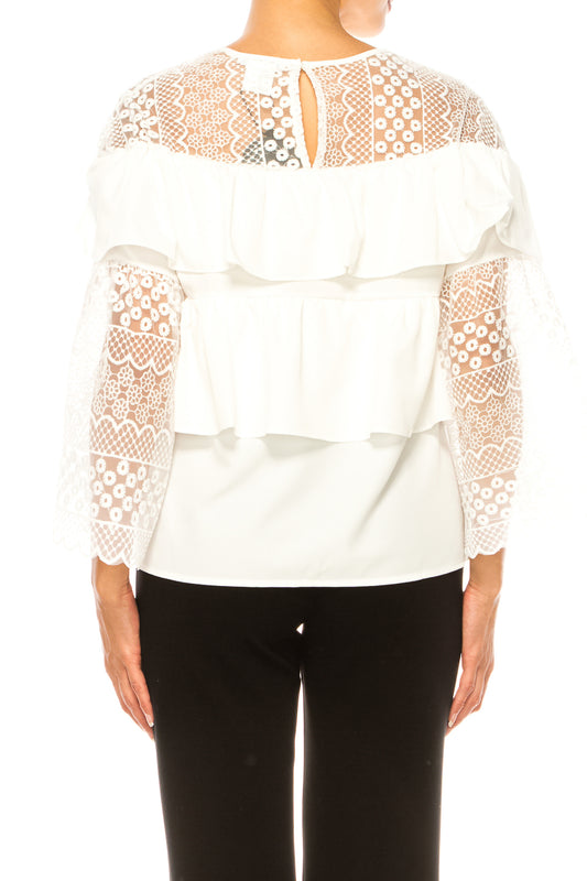 Vivid Floral Embroidered Tiered Trumpet Sleeve Top