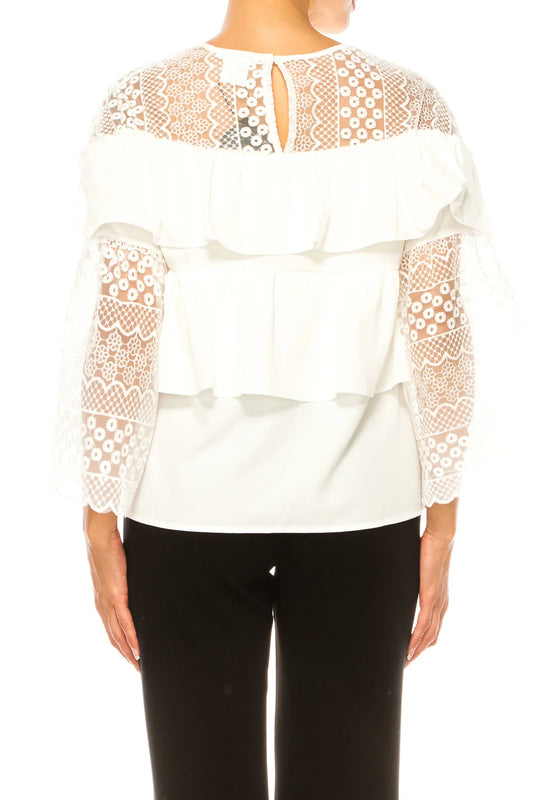 Vivid Floral Embroidered Tiered Trumpet Sleeve Top