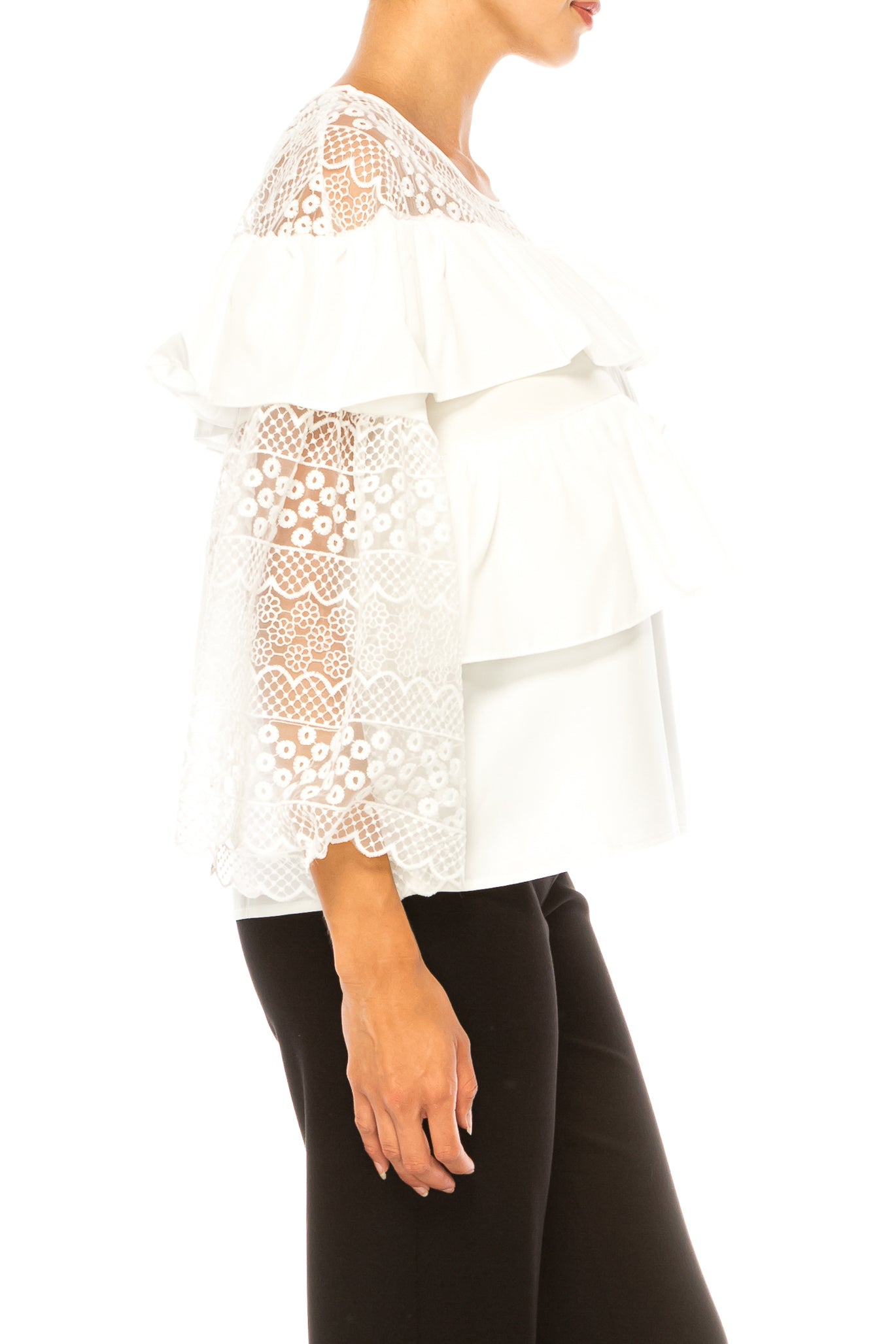 Vivid Floral Embroidered Tiered Trumpet Sleeve Top