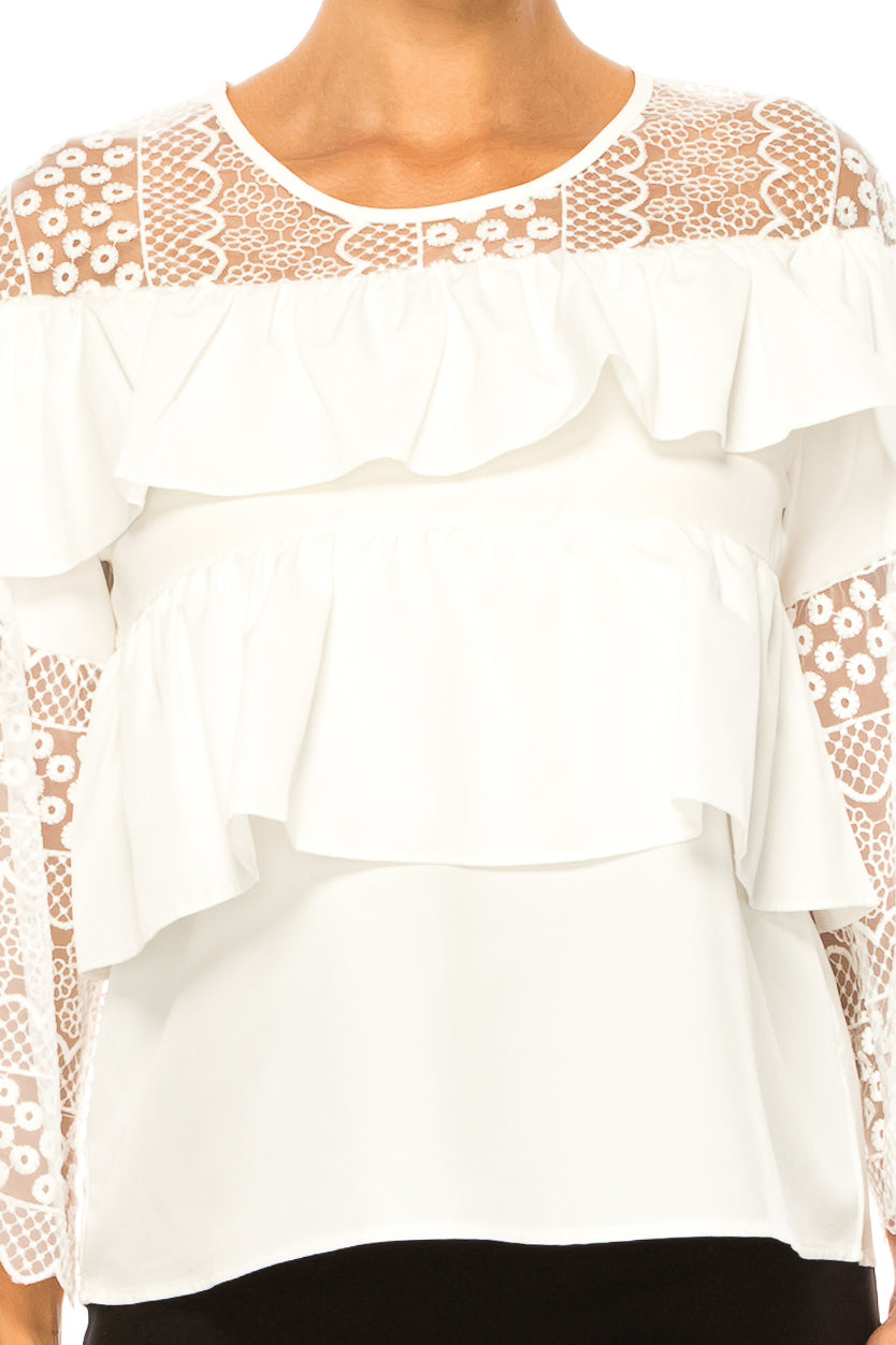 Vivid Floral Embroidered Tiered Trumpet Sleeve Top