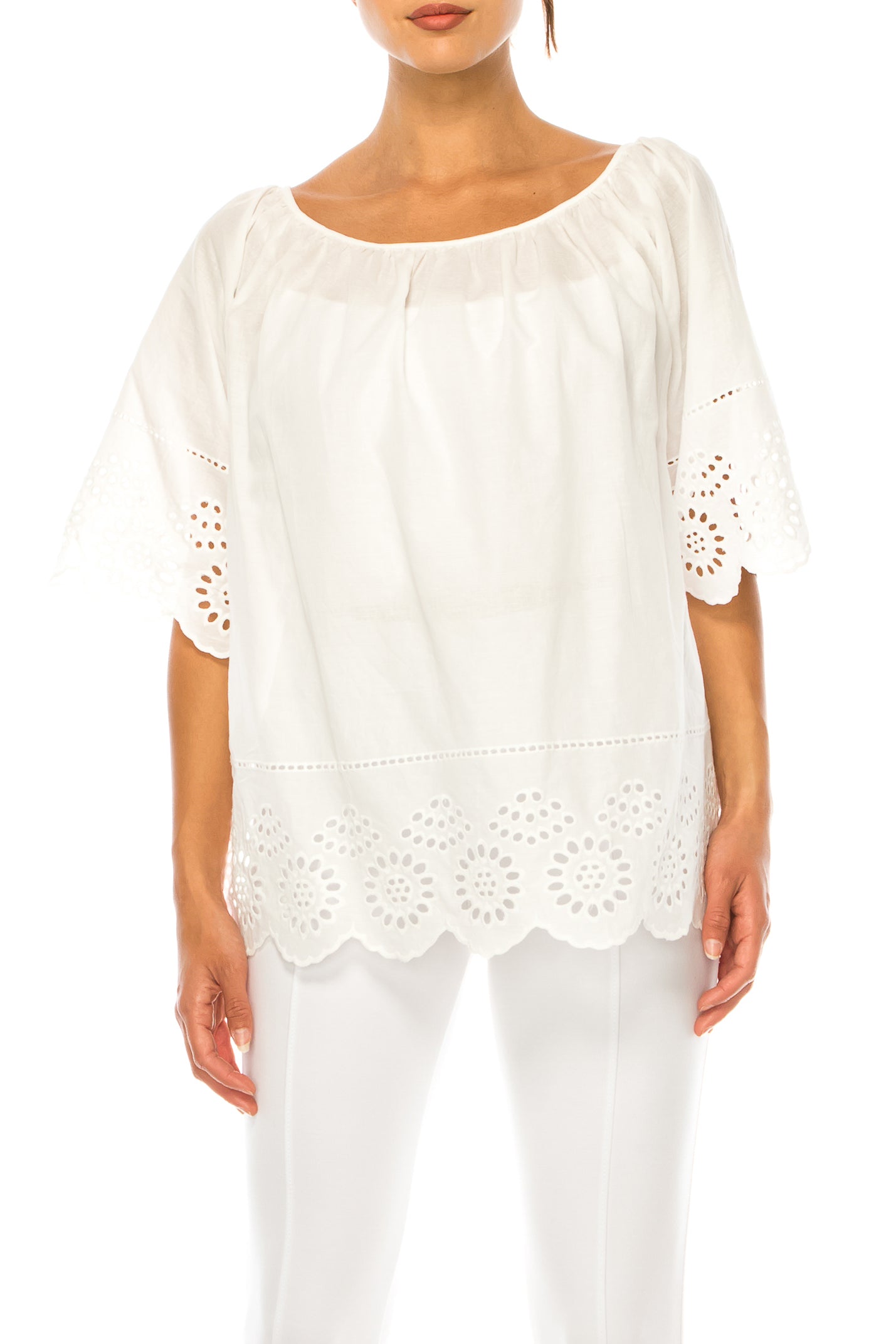 Vivid Short Sleeve Loose Fitting Eyelet Top