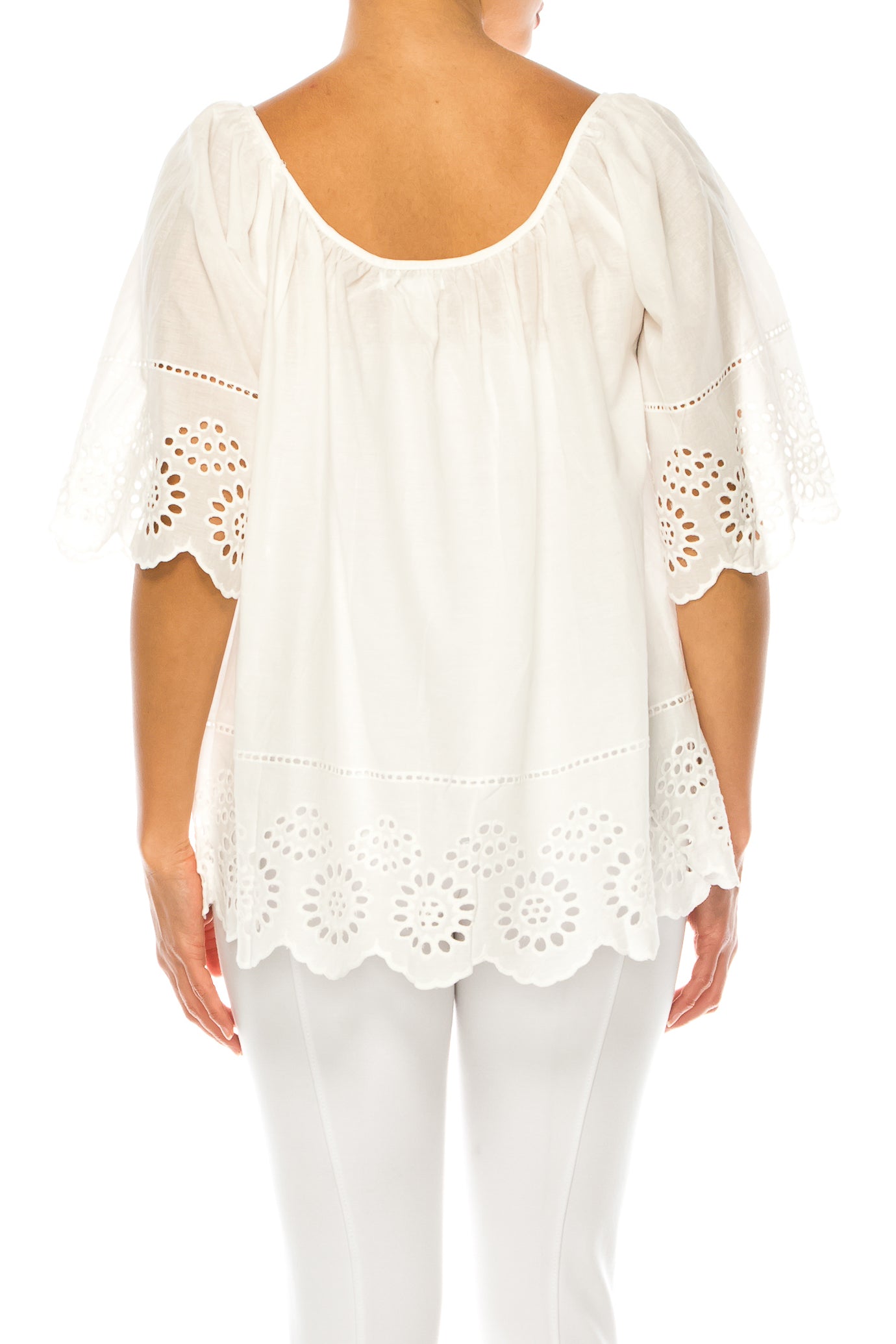 Vivid Short Sleeve Loose Fitting Eyelet Top