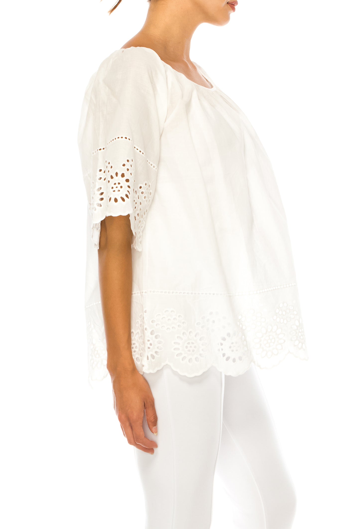 Vivid Short Sleeve Loose Fitting Eyelet Top