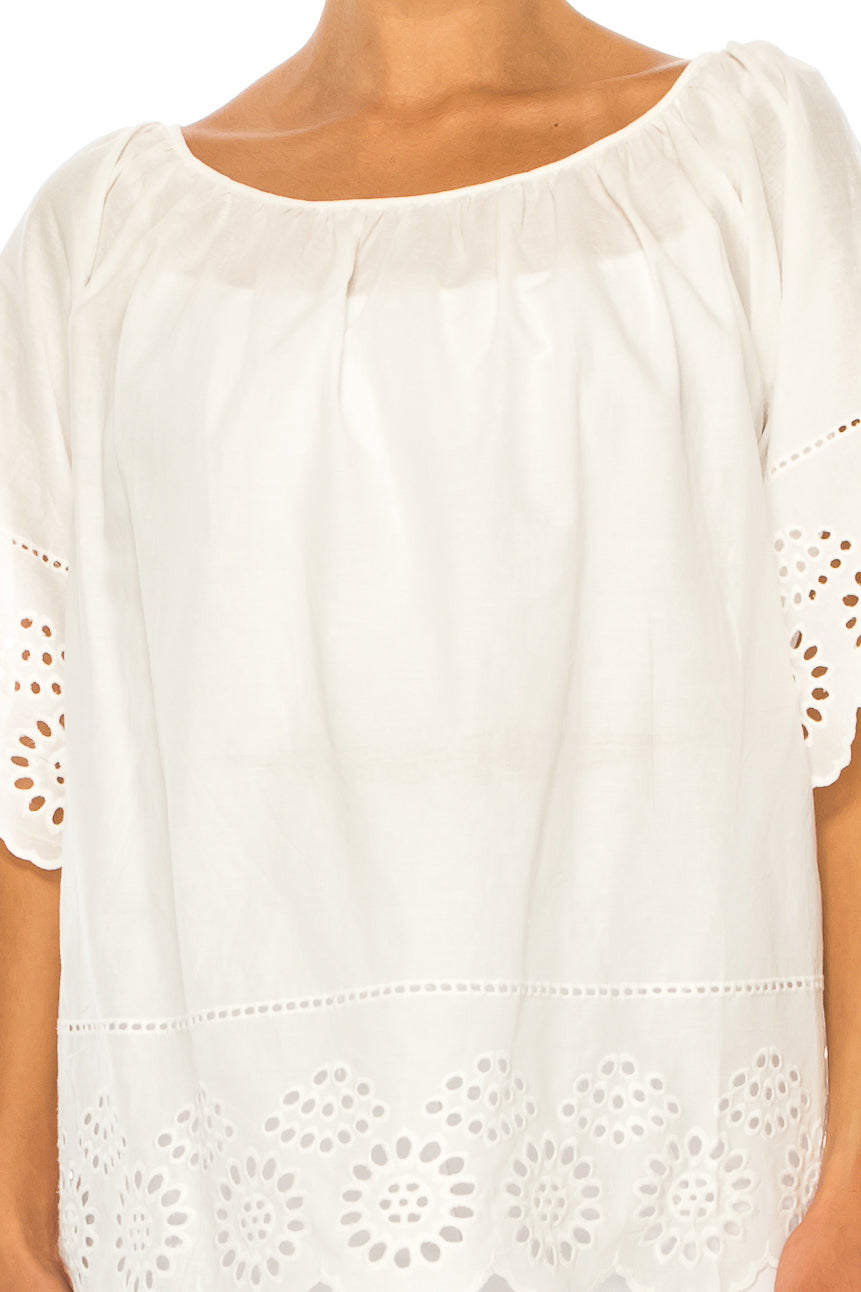Vivid Short Sleeve Loose Fitting Eyelet Top