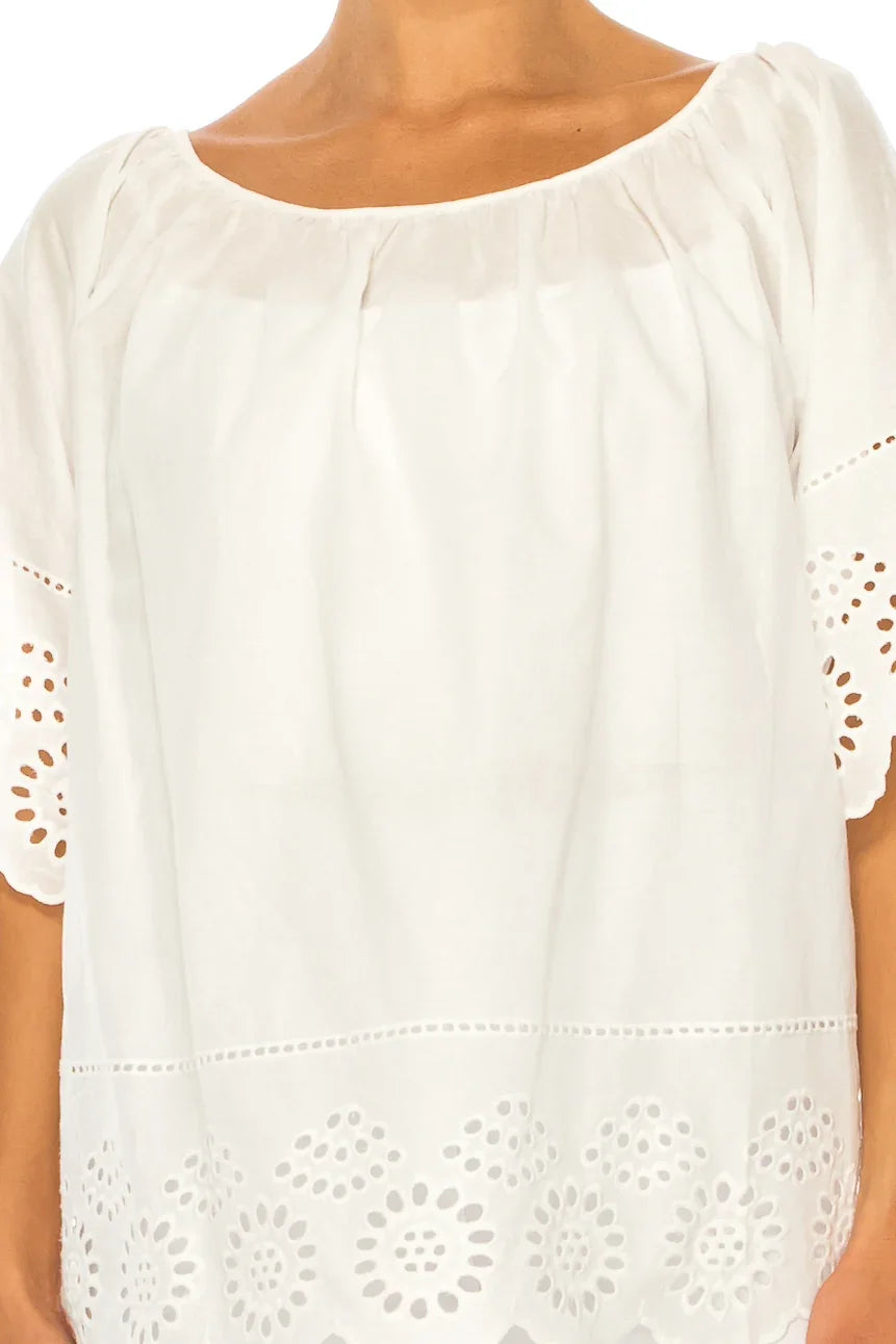 Vivid Short Sleeve Loose Fitting Eyelet Top