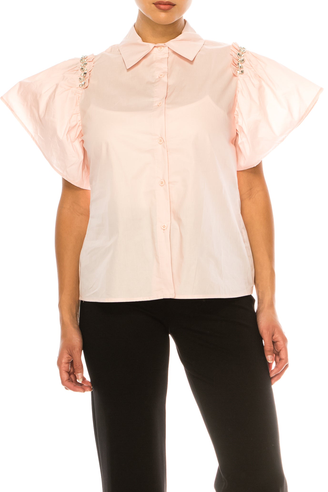 Vivid Short Sleeve Button-Down Bejeweled Shirt