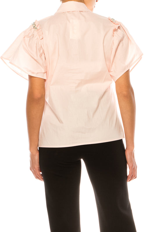 Vivid Short Sleeve Button-Down Bejeweled Shirt