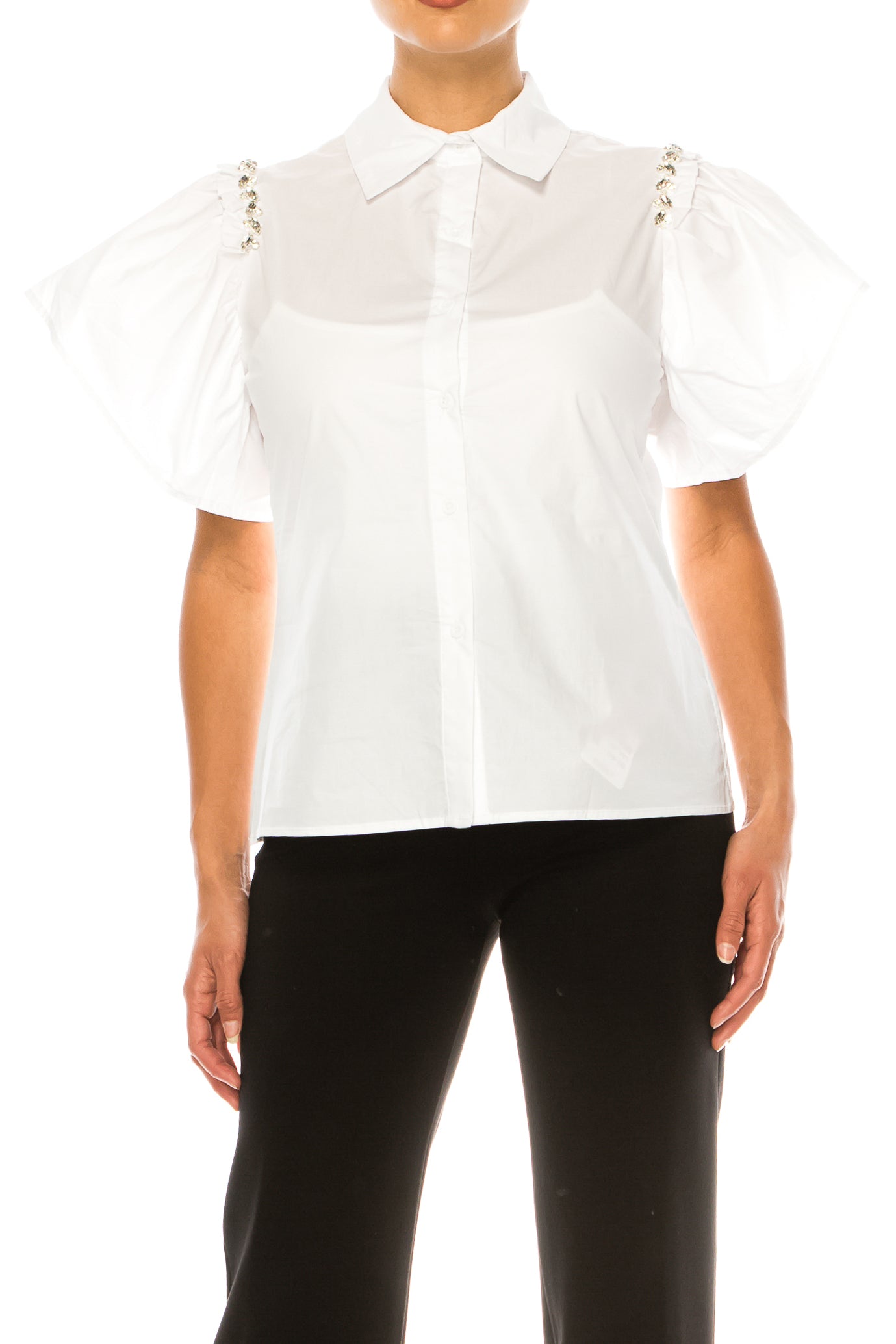 Vivid Short Sleeve Button-Down Bejeweled Shirt