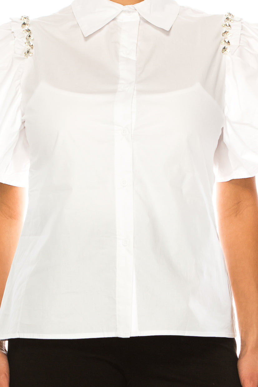 Vivid Short Sleeve Button-Down Bejeweled Shirt