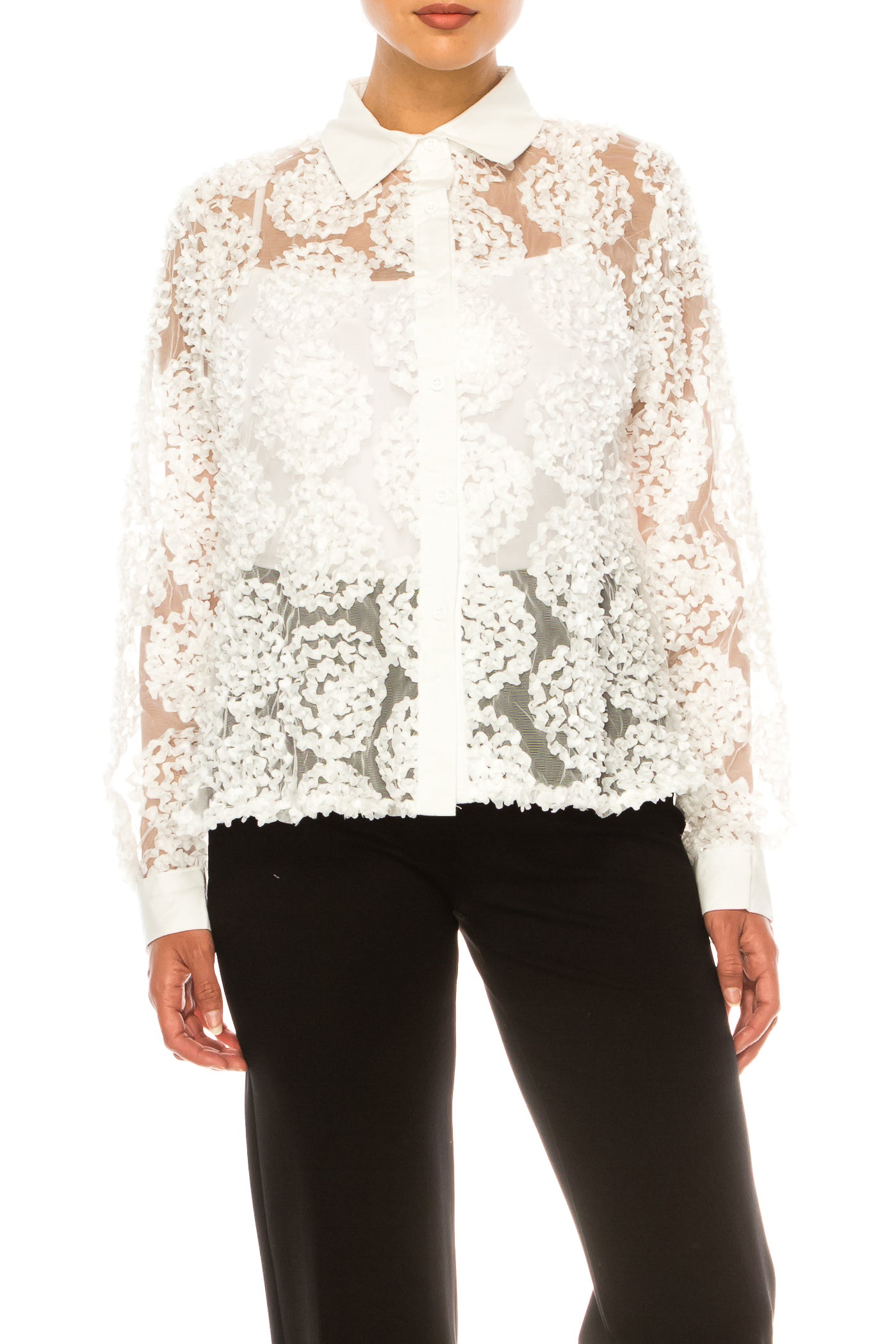 Vivid Long Sleeve Circle Applique Button-Down Top