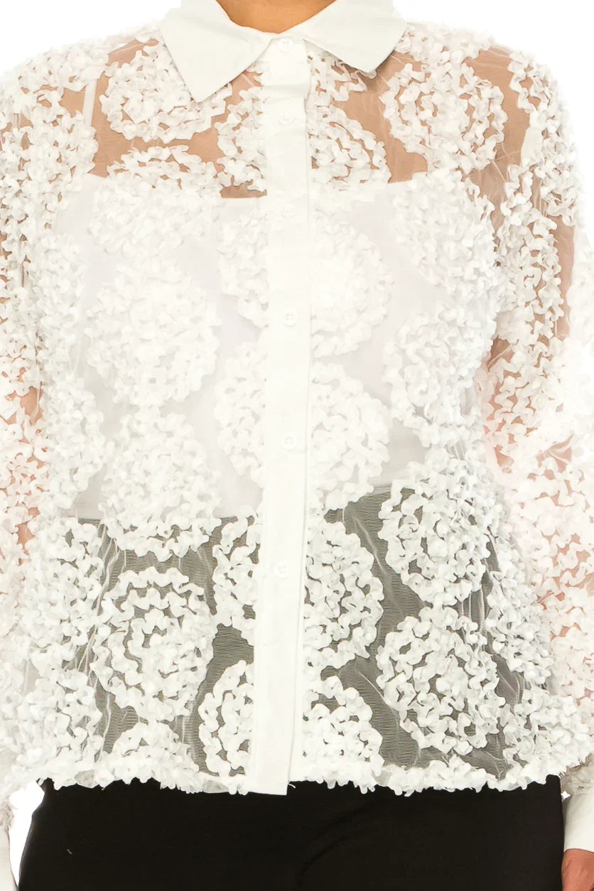 Vivid Long Sleeve Circle Applique Button-Down Top