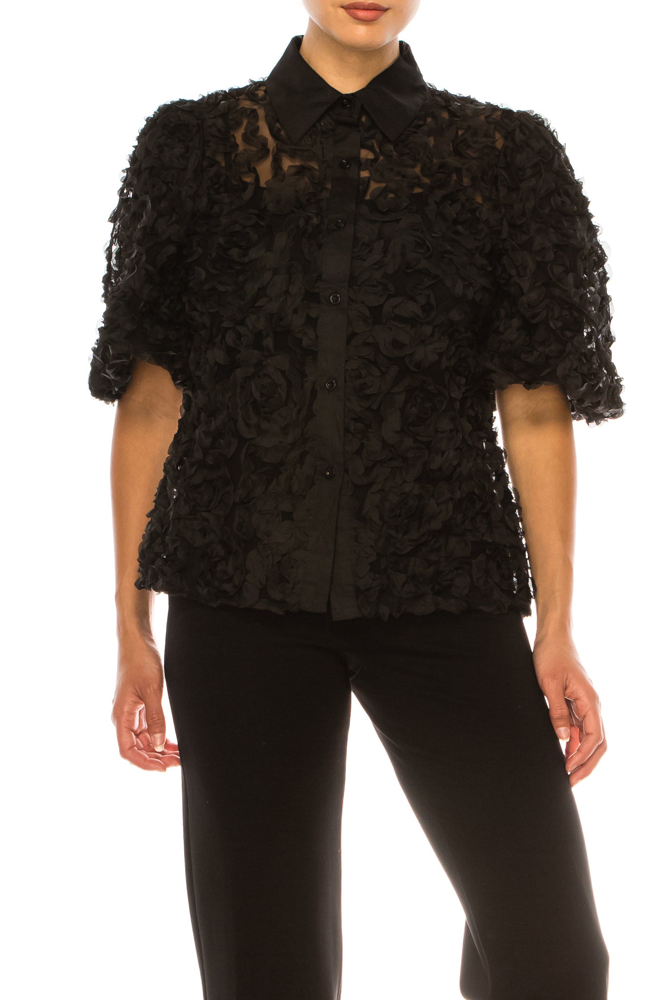 Vivid Short Puff Sleeve Rose Applique Top