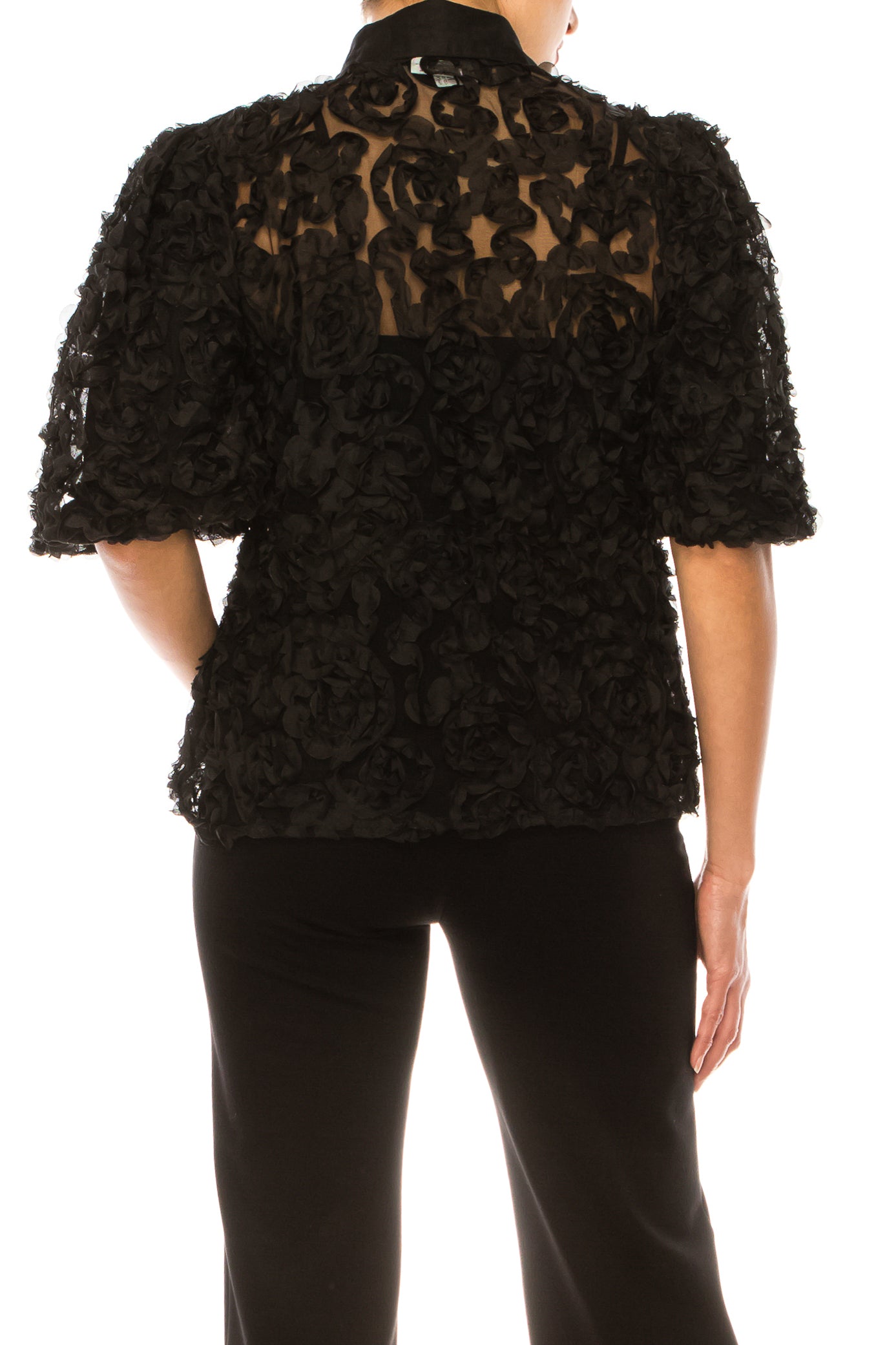 Vivid Short Puff Sleeve Rose Applique Top
