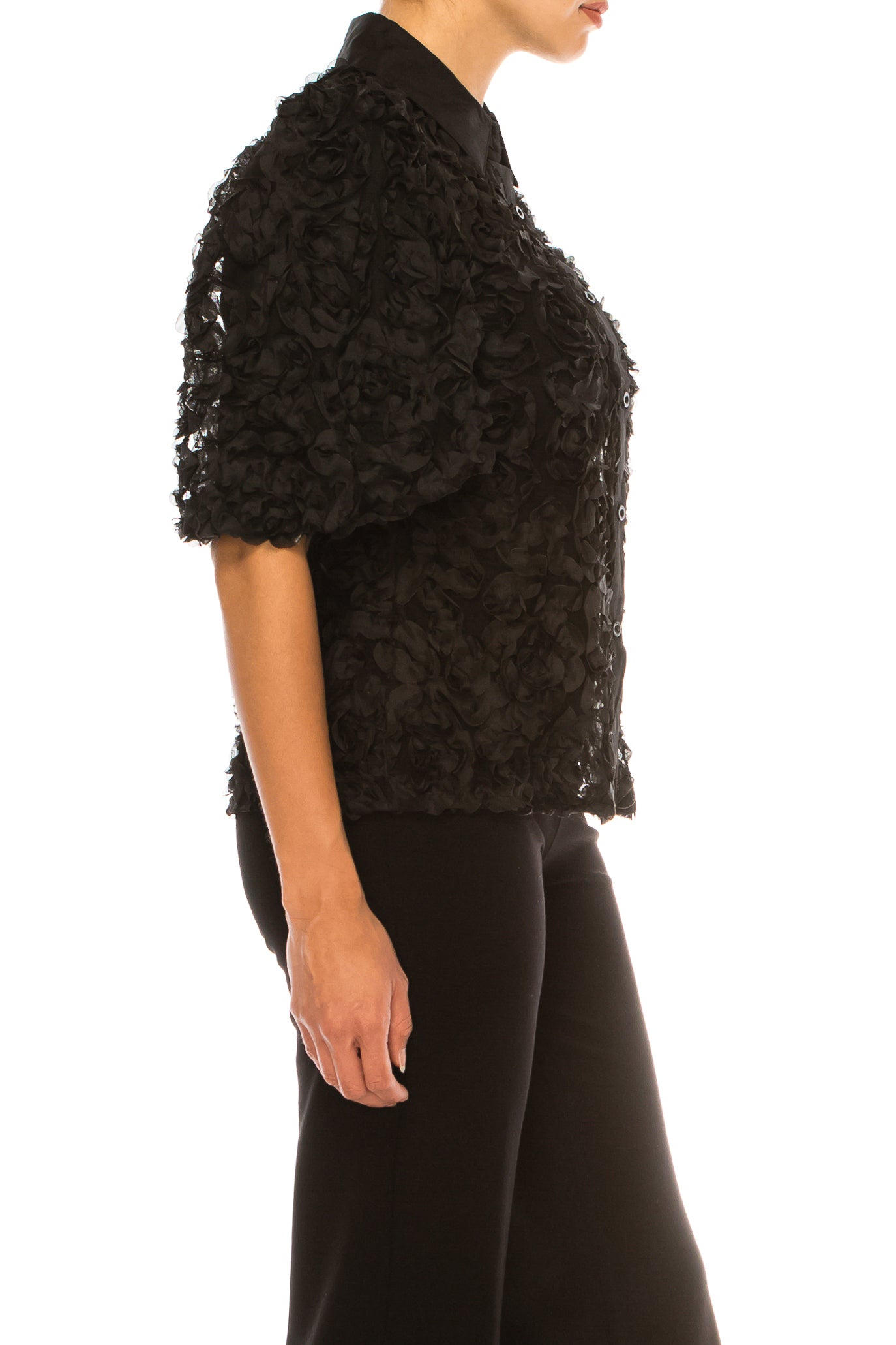 Vivid Short Puff Sleeve Rose Applique Top