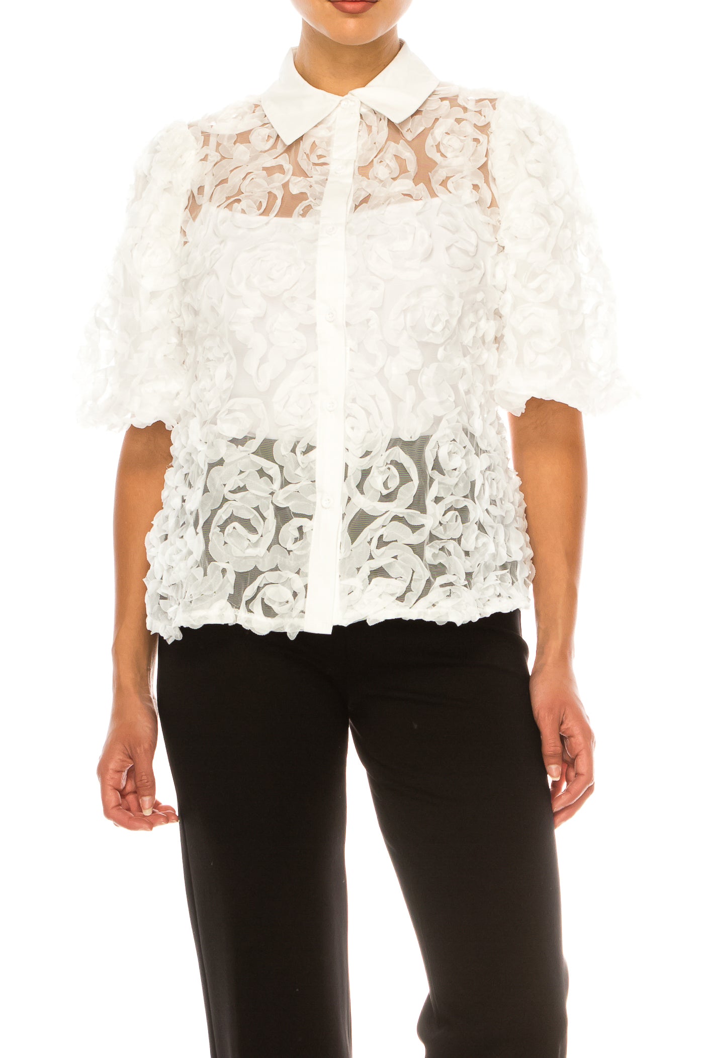 Vivid Short Puff Sleeve Rose Applique Top