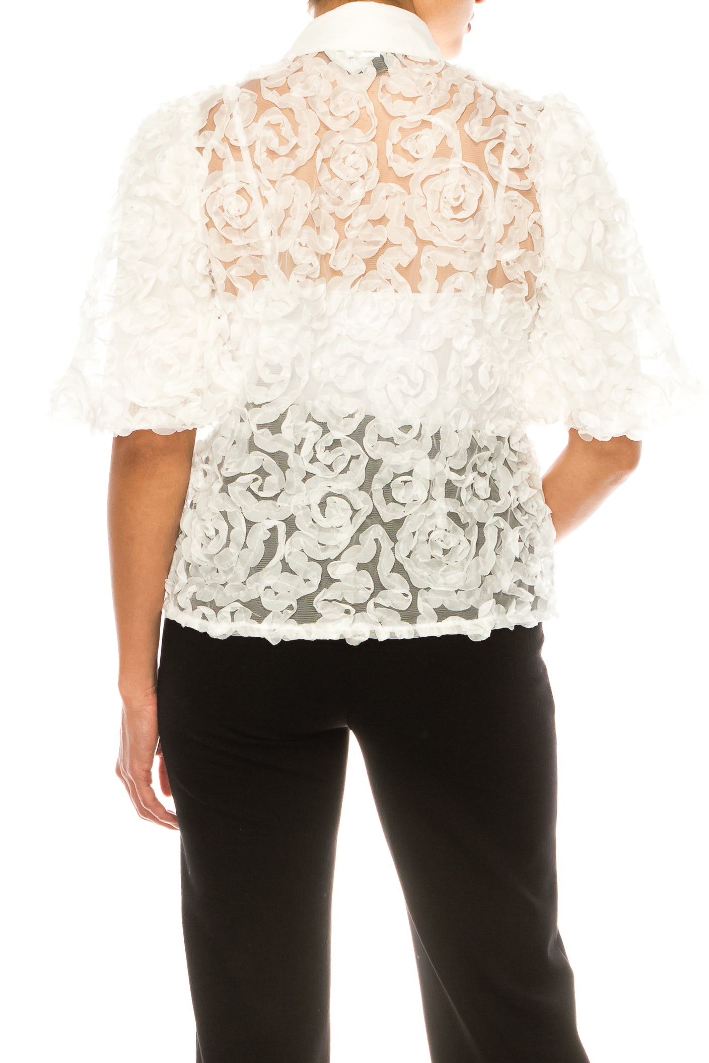 Vivid Short Puff Sleeve Rose Applique Top