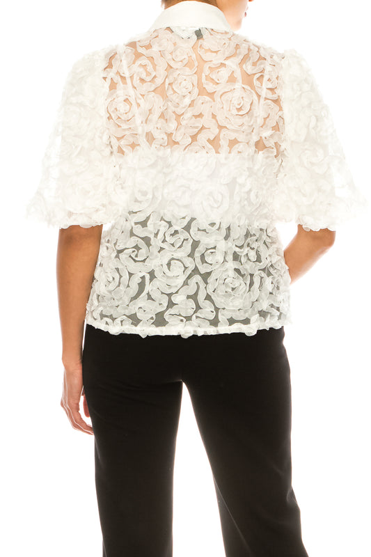 Vivid Short Puff Sleeve Rose Applique Top