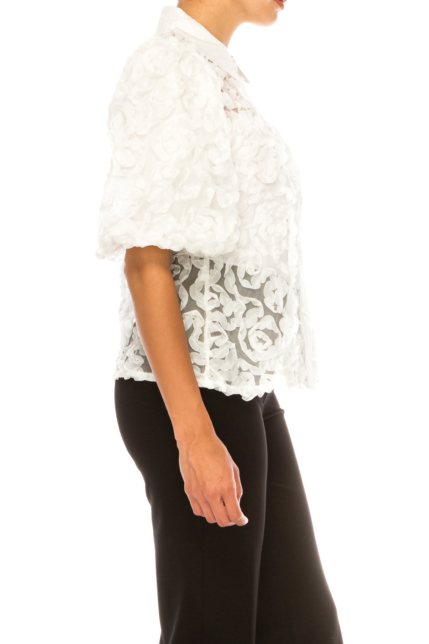 Vivid Short Puff Sleeve Rose Applique Top