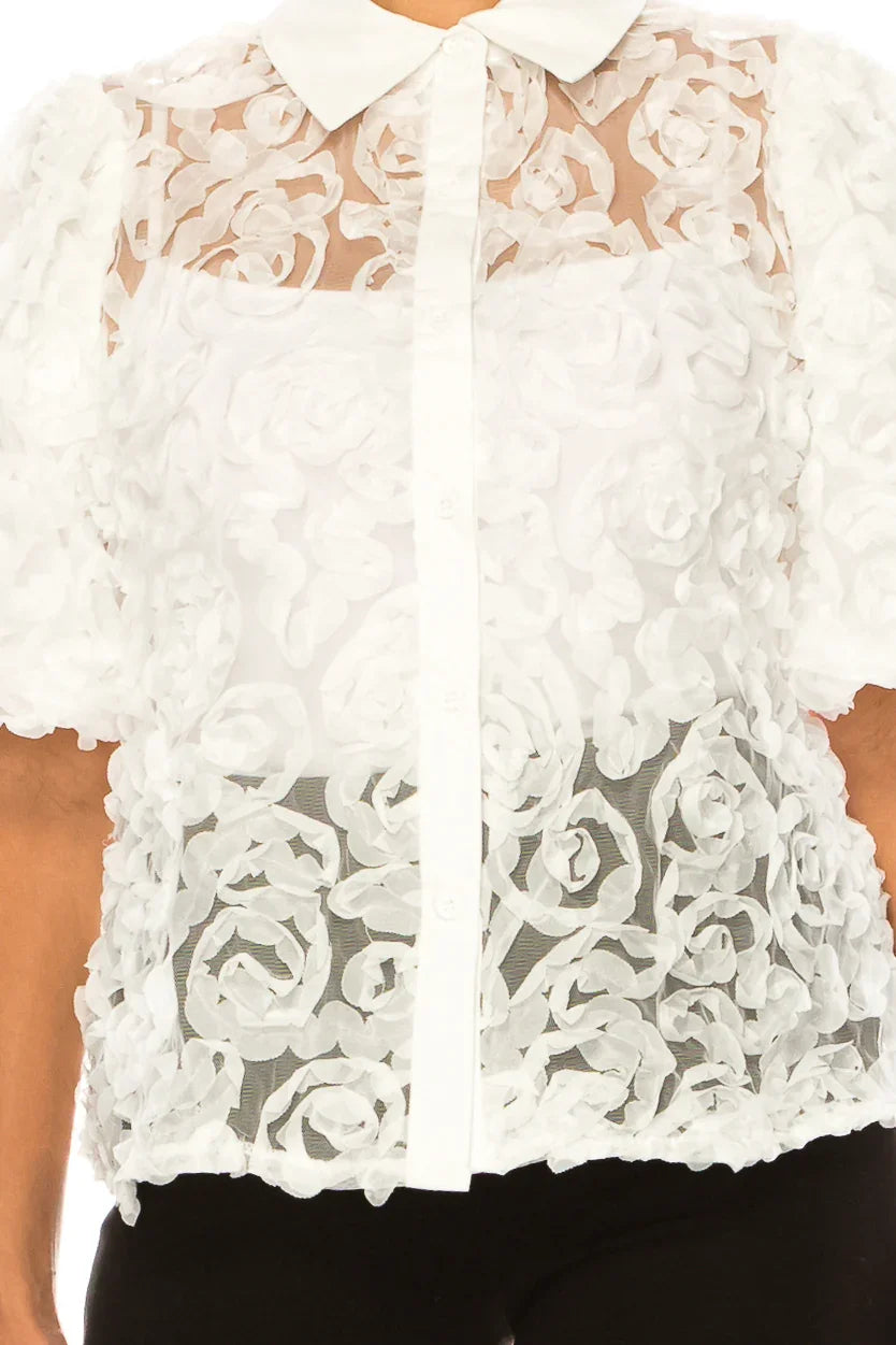 Vivid Short Puff Sleeve Rose Applique Top