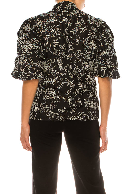 Vivid Embroidered Puff Sleeve Button Down Shirt