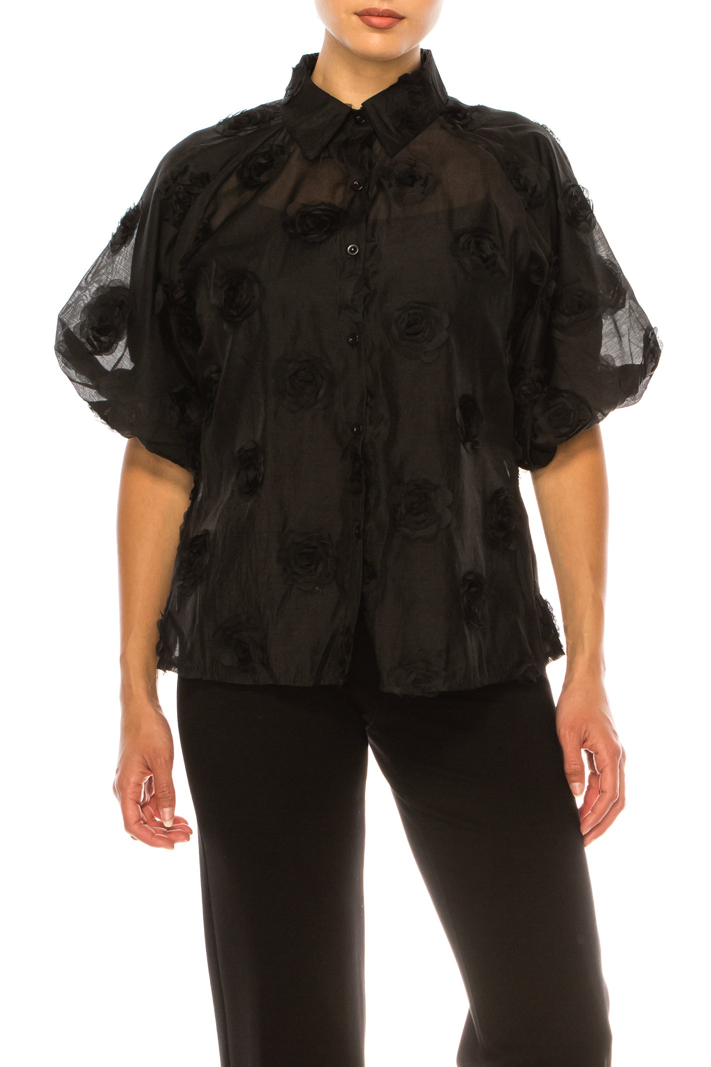 Vivid Rose Applique Puff Sleeve Button Down Shirt