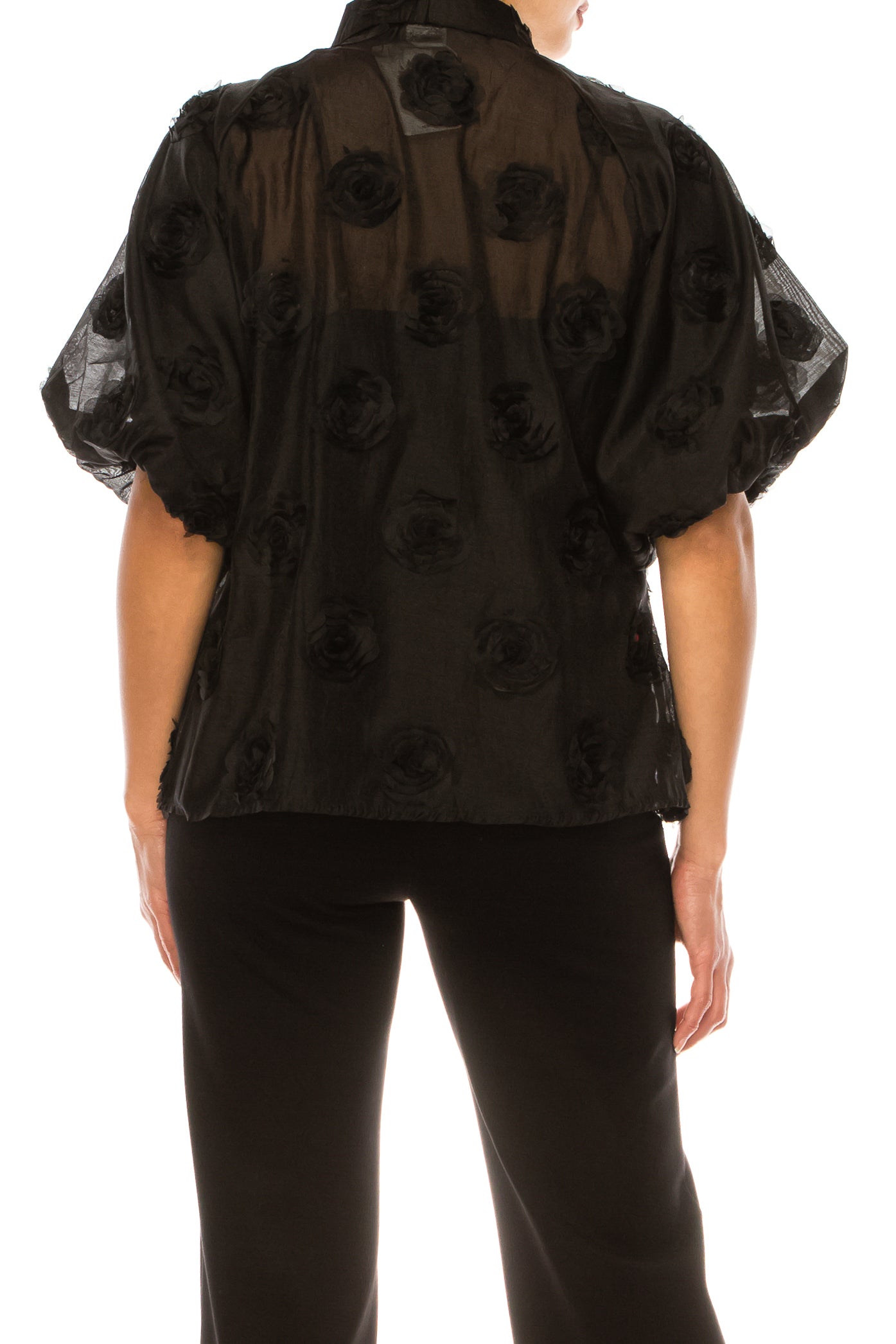 Vivid Rose Applique Puff Sleeve Button Down Shirt