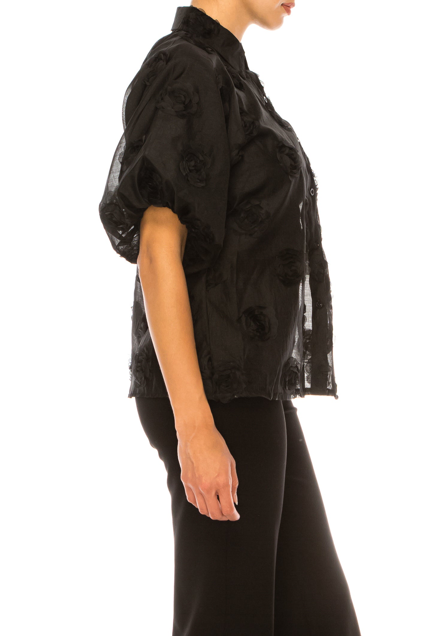 Vivid Rose Applique Puff Sleeve Button Down Shirt