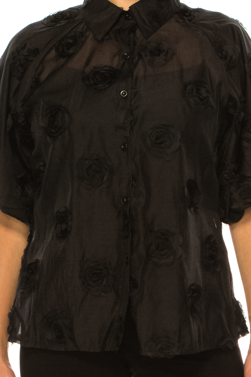 Vivid Rose Applique Puff Sleeve Button Down Shirt