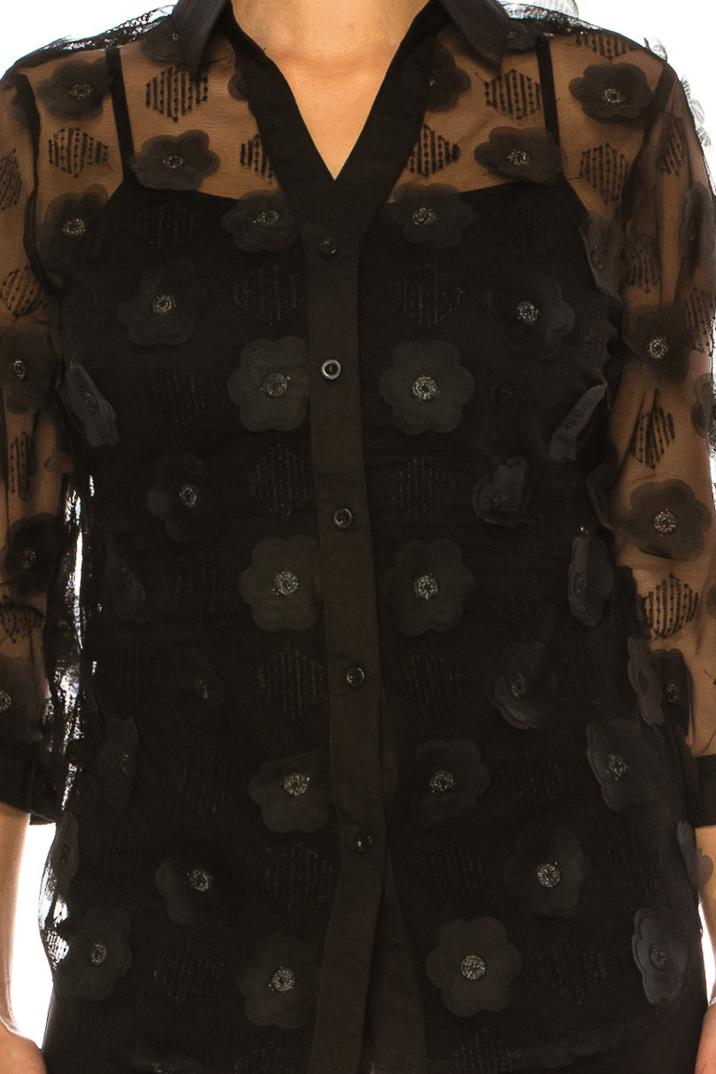 Vivid Floral Applique Sheer Button Down Shirt