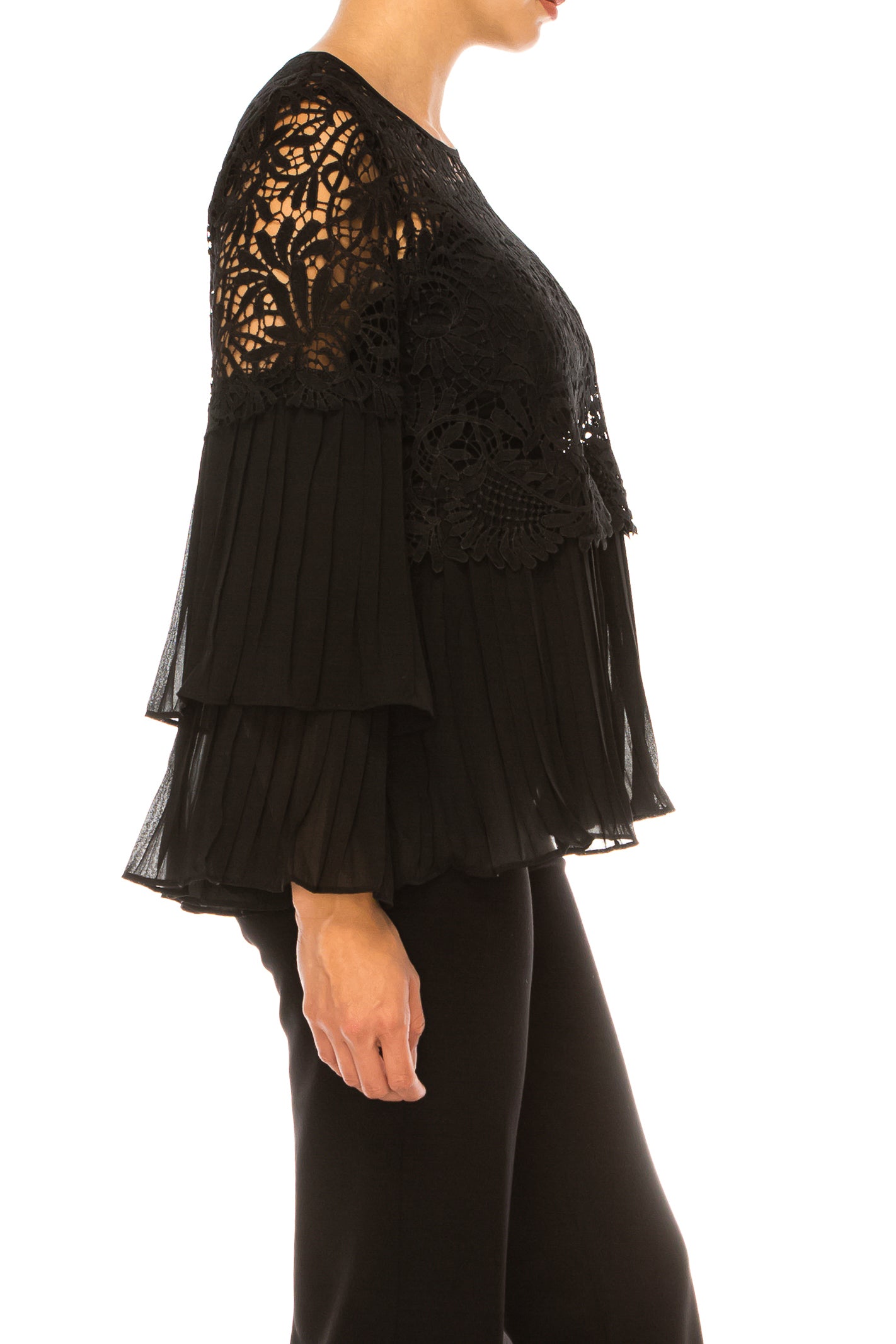 Vivid Pleated Layered Long Sleeve Lace Top