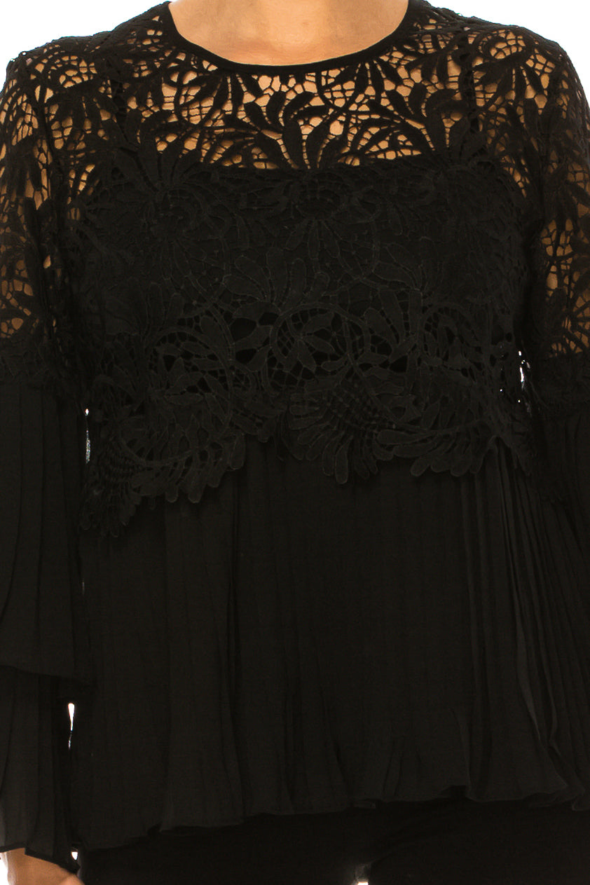 Vivid Pleated Layered Long Sleeve Lace Top