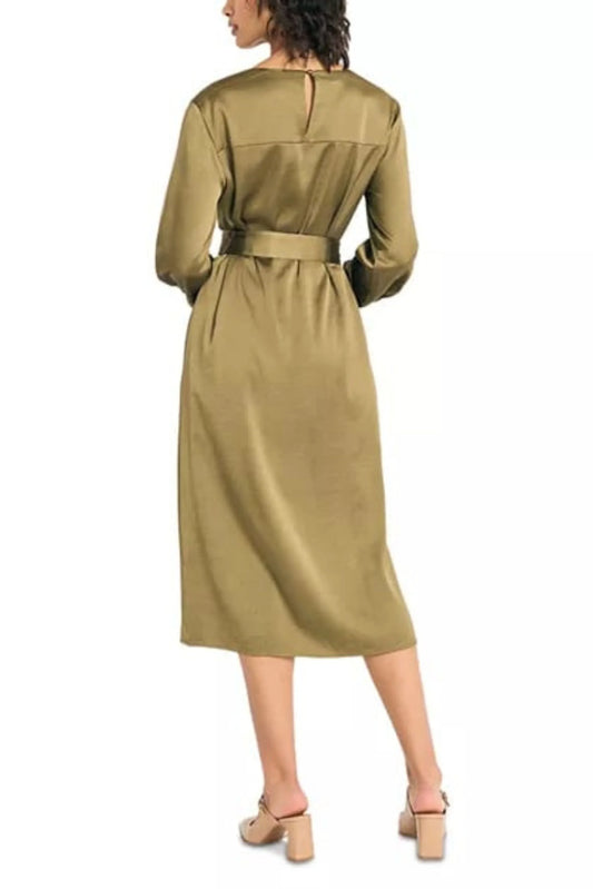 LUXELY Long Sleeve Belted Sheath Midi Dress