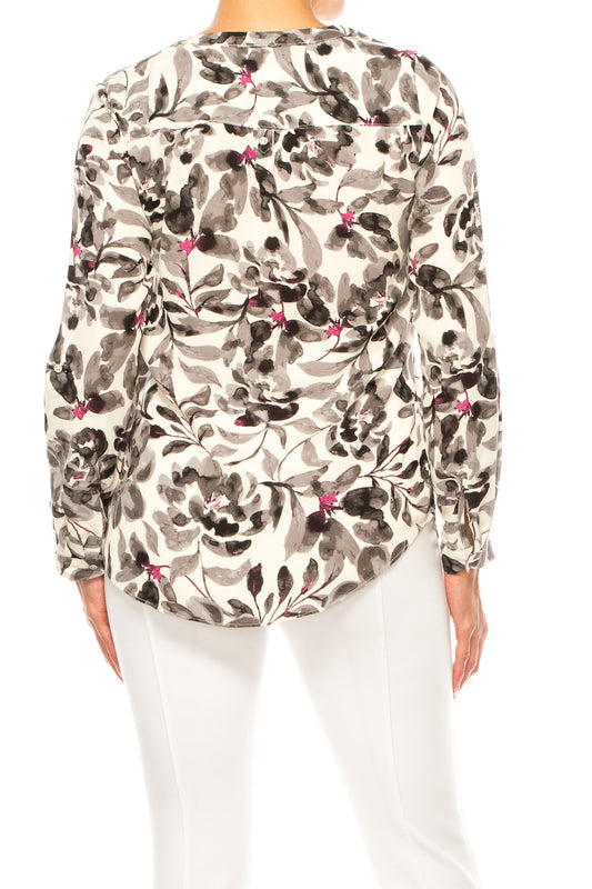 Zac & Rachel Printed Roll-Up Sleeve Split-Neck Top