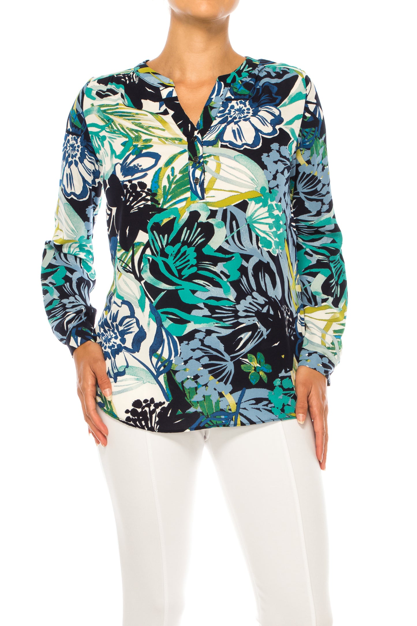 Zac & Rachel Printed Roll-Up Sleeve Split-Neck Top
