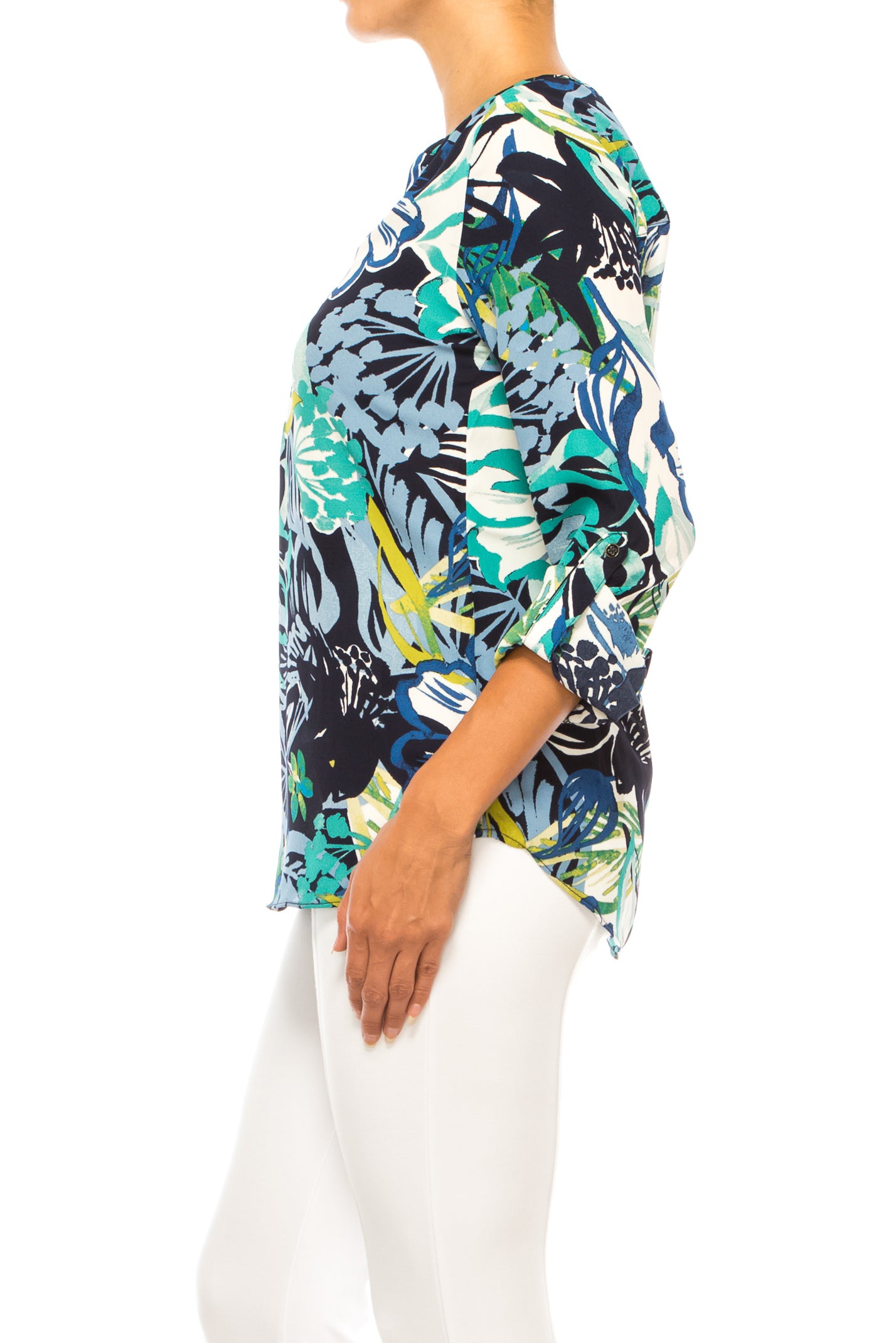 Zac & Rachel Printed Roll-Up Sleeve Split-Neck Top