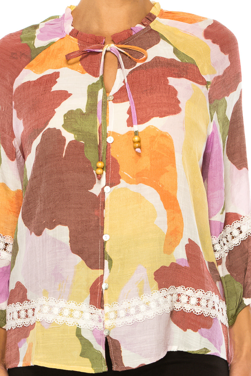 Zac & Rachel Tie Neck Button Down Peasant Top