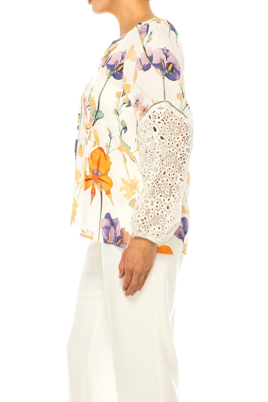 Zac & Rachel Flower Print Embroidered Peasant Top