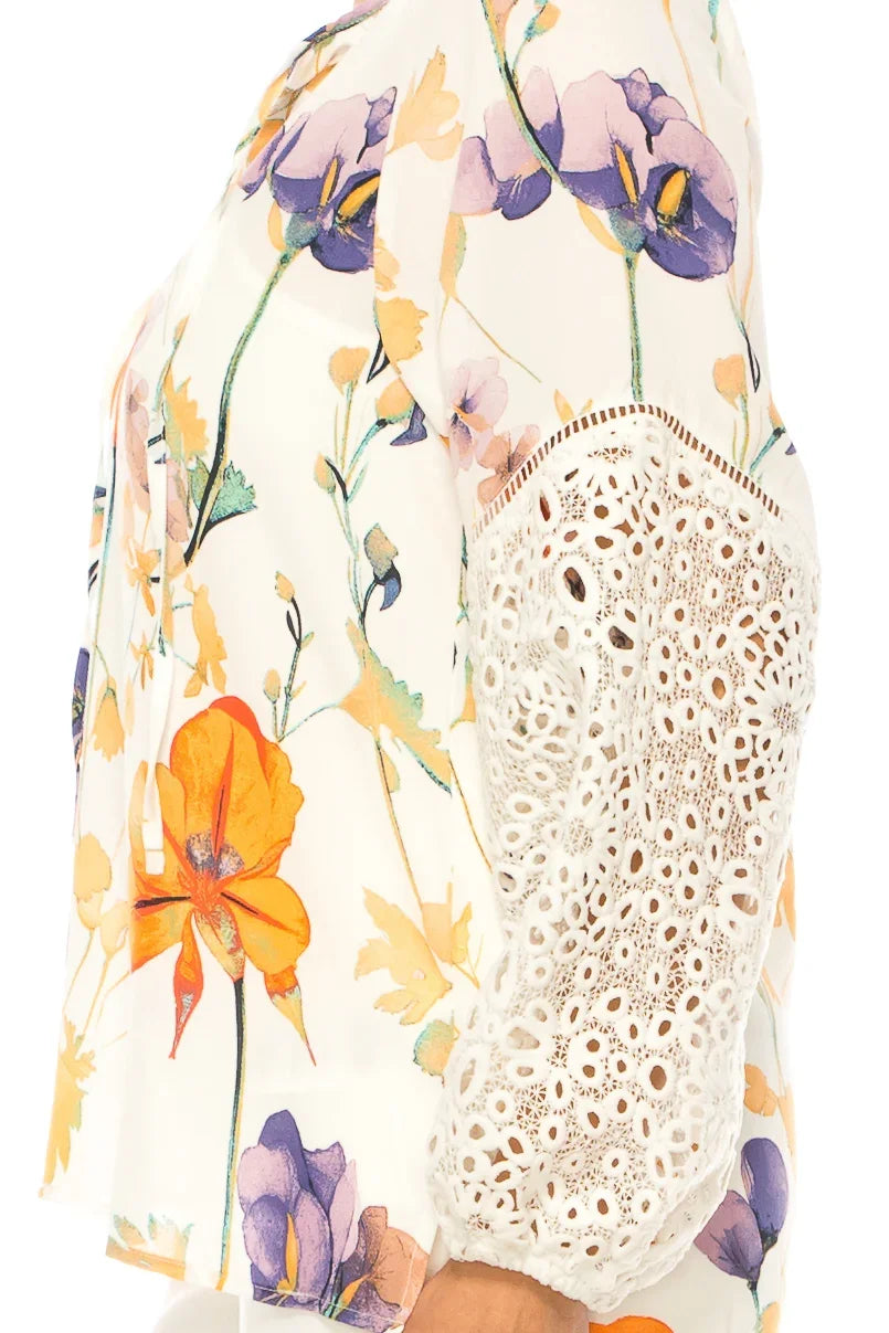 Zac & Rachel Flower Print Embroidered Peasant Top