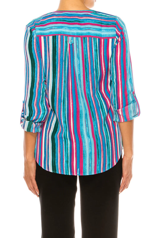 Zac & Rachel Printed Roll-Up Sleeve Split-Neck Top