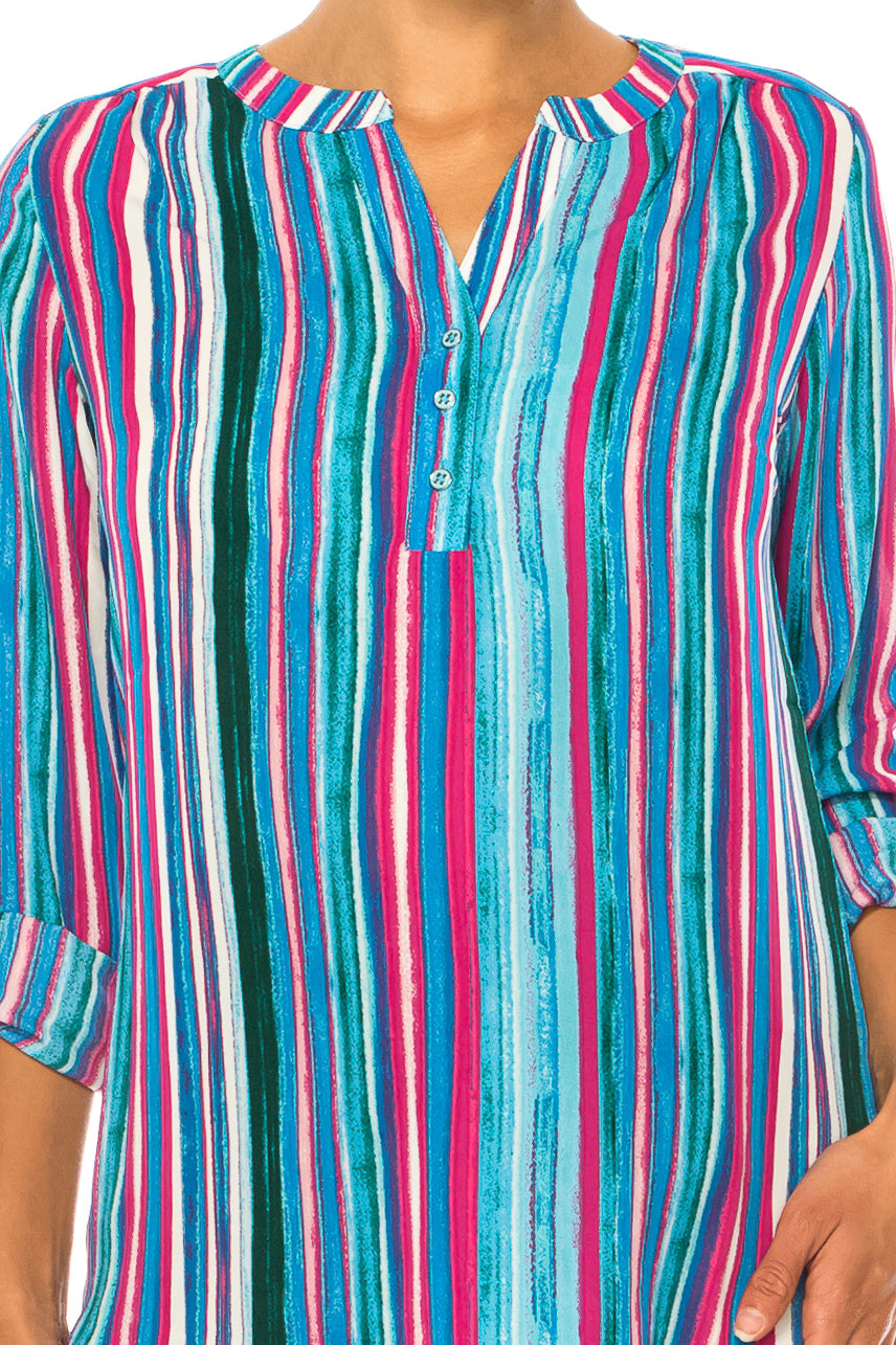 Zac & Rachel Printed Roll-Up Sleeve Split-Neck Top