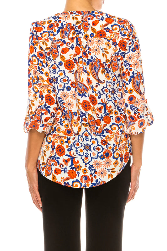Zac & Rachel Printed Roll-Up Sleeve Split-Neck Top