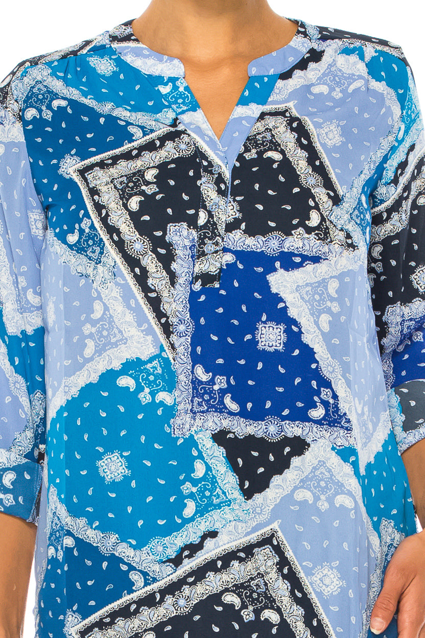 Zac & Rachel Printed Roll-Up Sleeve Split-Neck Top