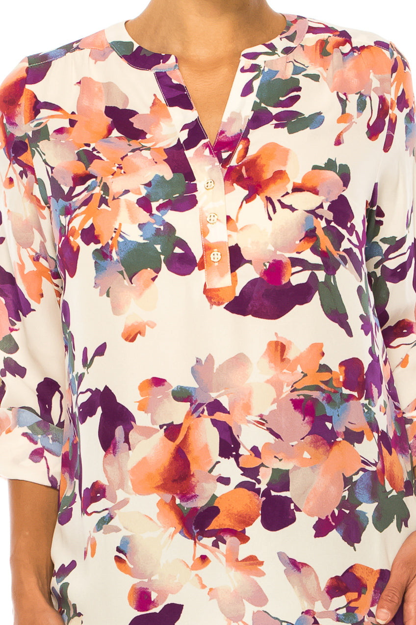 Zac & Rachel Printed Roll-Up Sleeve Split-Neck Top