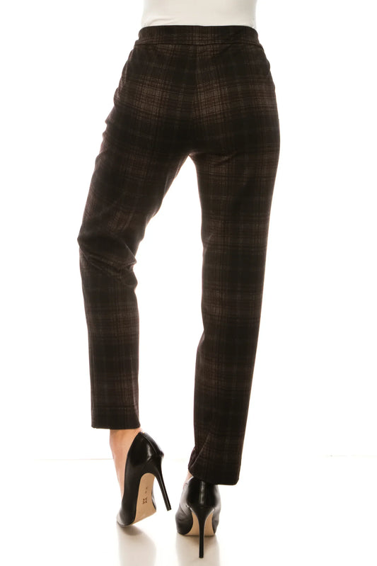 Rear view of women's dark brown plaid tailored trousers and black high heel pumps