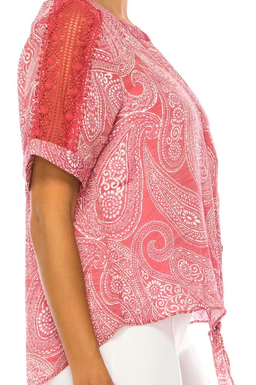 Zac & Rachel Paisley Short Sleeve Tie-Front Top