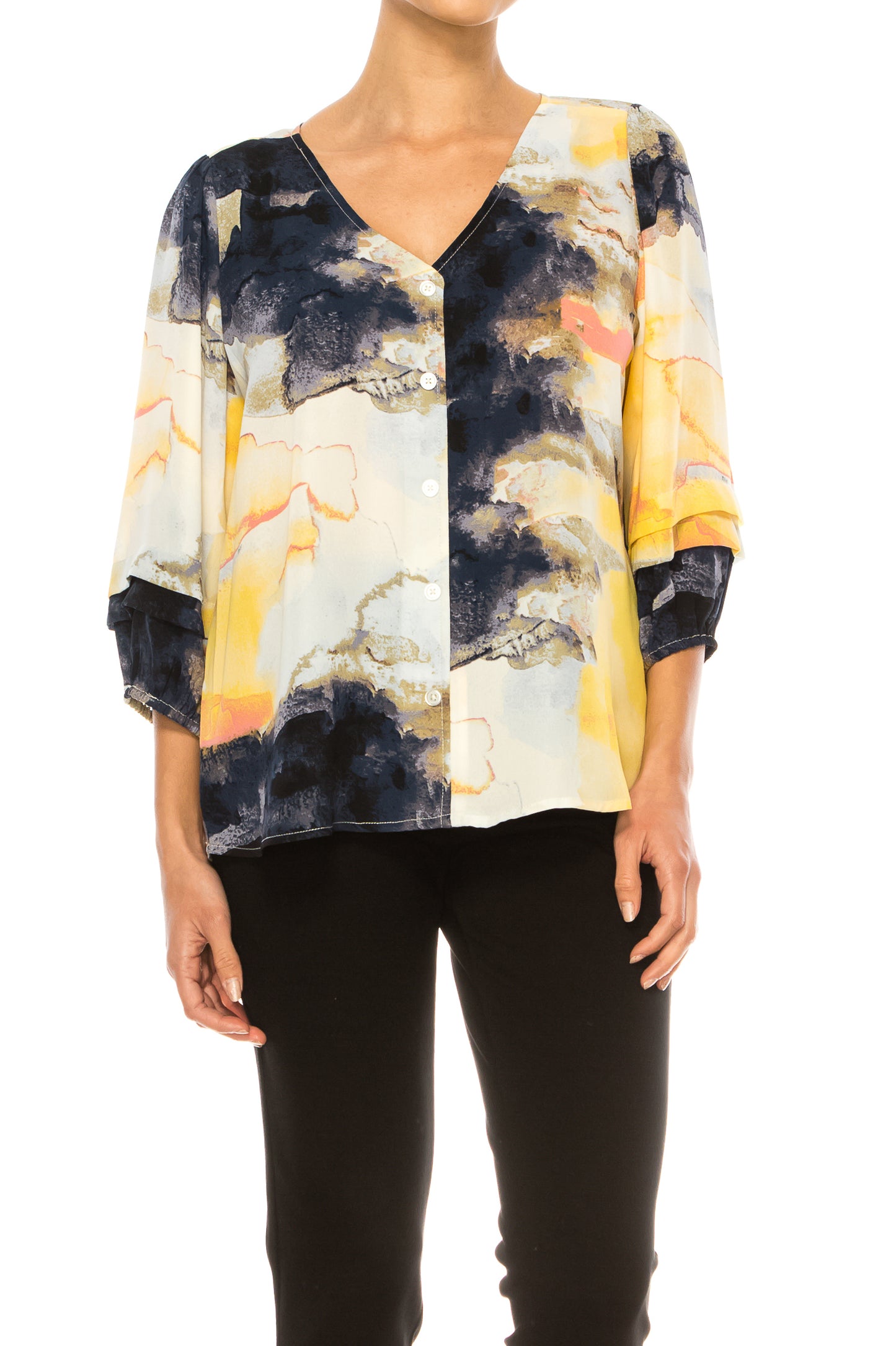Zac & Rachel Layered 3/4 Sleeve Printed V-Neck Top
