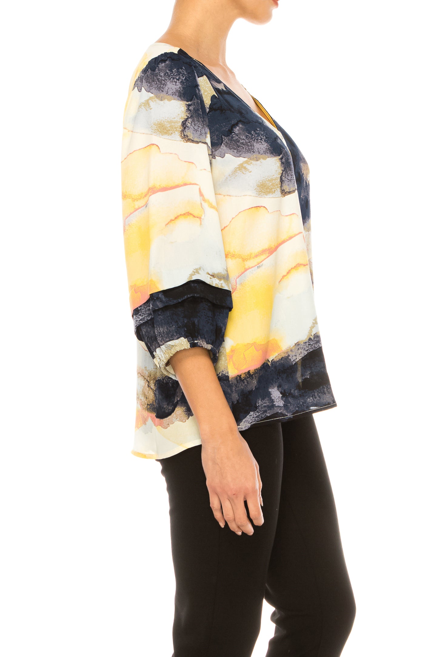 Zac & Rachel Layered 3/4 Sleeve Printed V-Neck Top