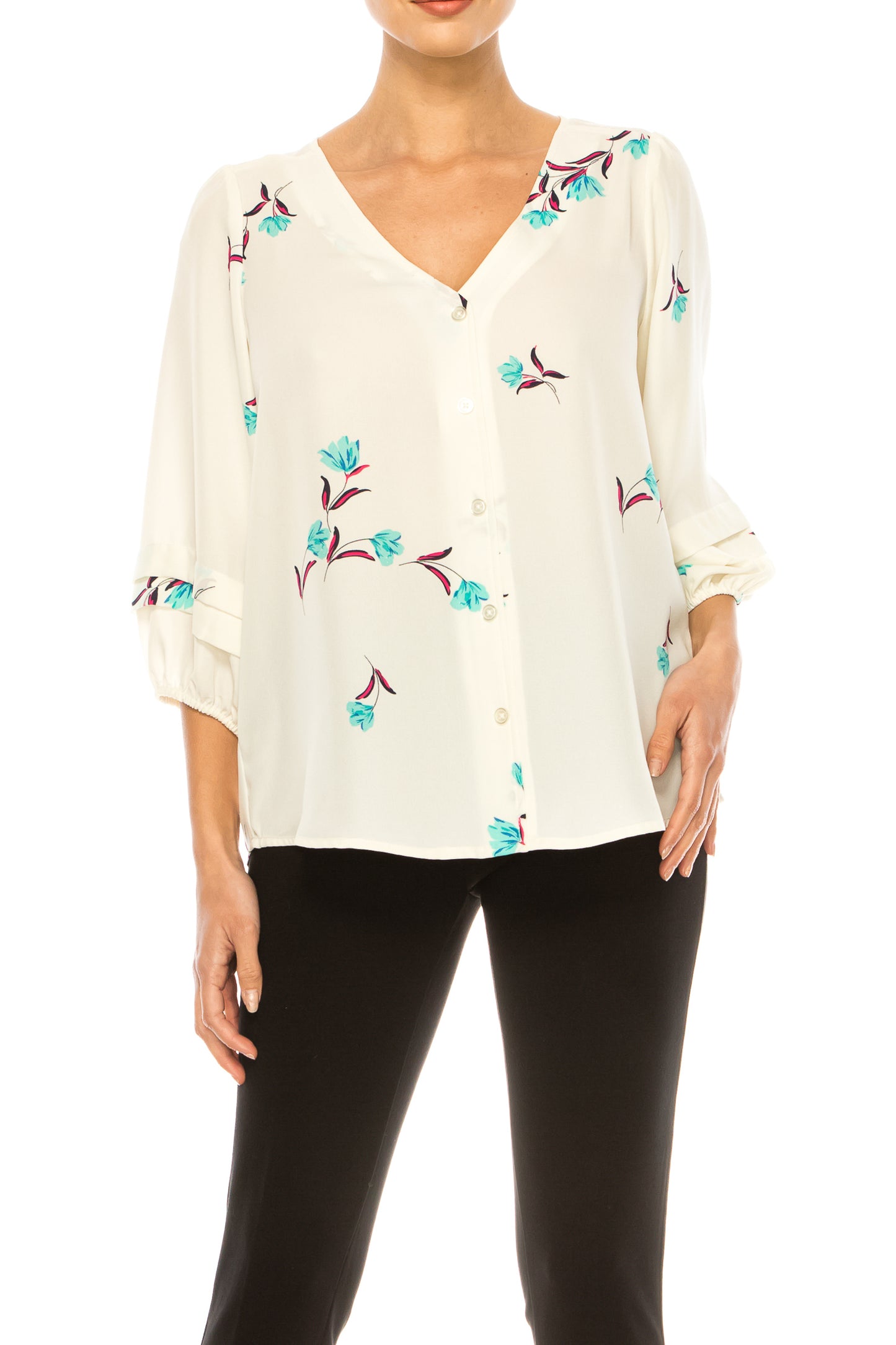 Zac & Rachel Layered 3/4 Sleeve Printed V-Neck Top