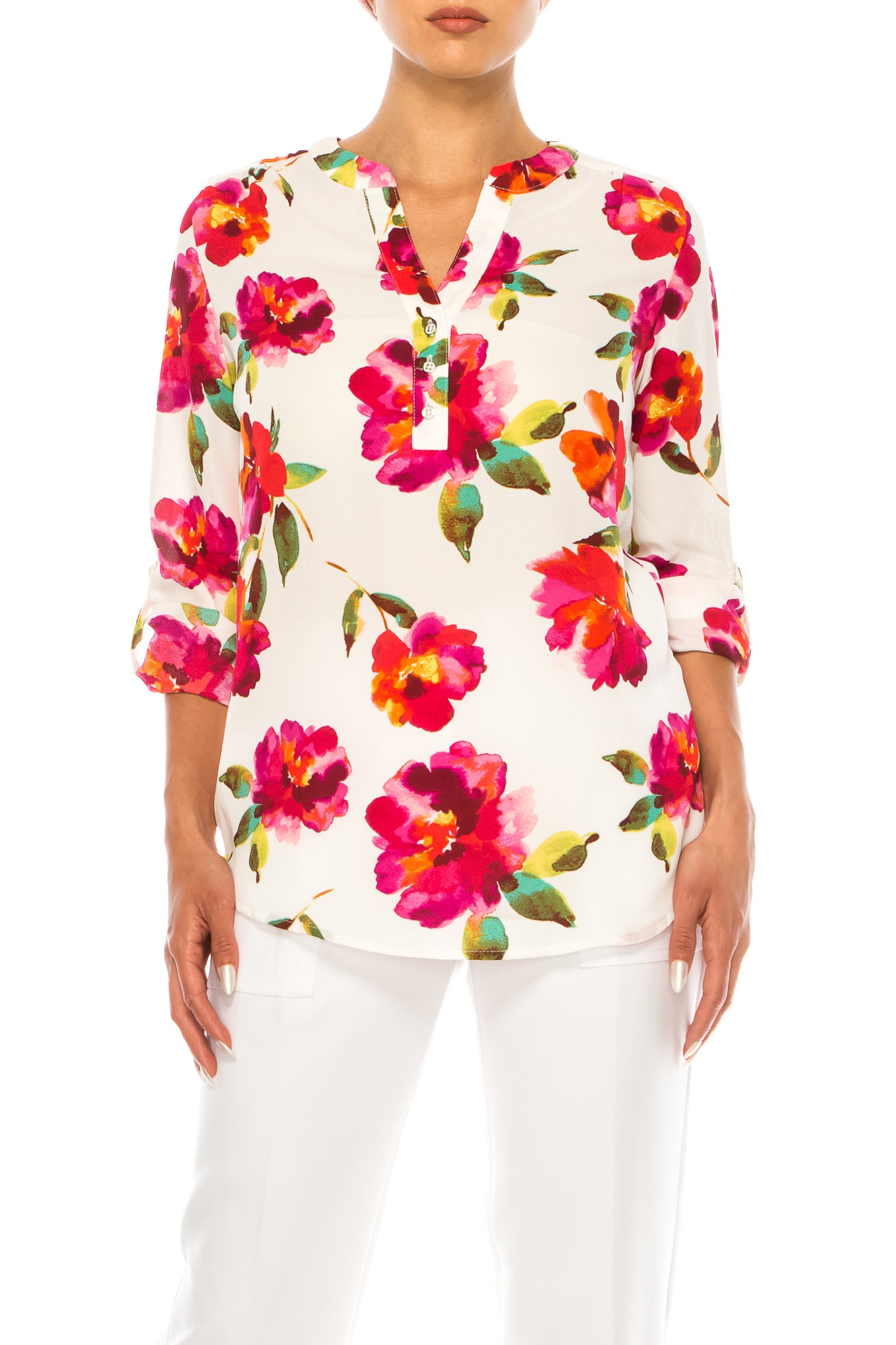 Zac & Rachel Printed Roll-Up Sleeve Split-Neck Top
