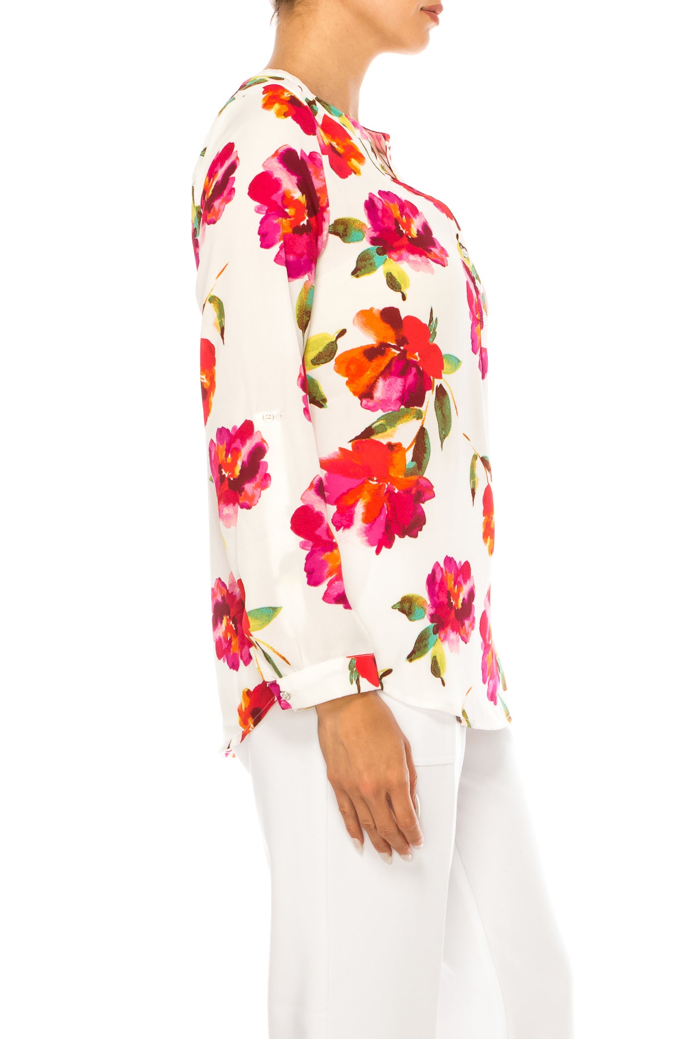 Zac & Rachel Printed Roll-Up Sleeve Split-Neck Top